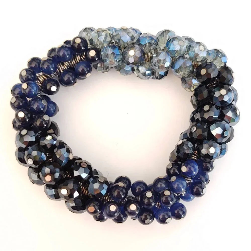 Blue glass and crystal beaded stretch bracelet